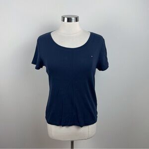 Tommy Hilfiger Solid Dark Navy Blue Short Sleeve Tee Shirt Top Women Large